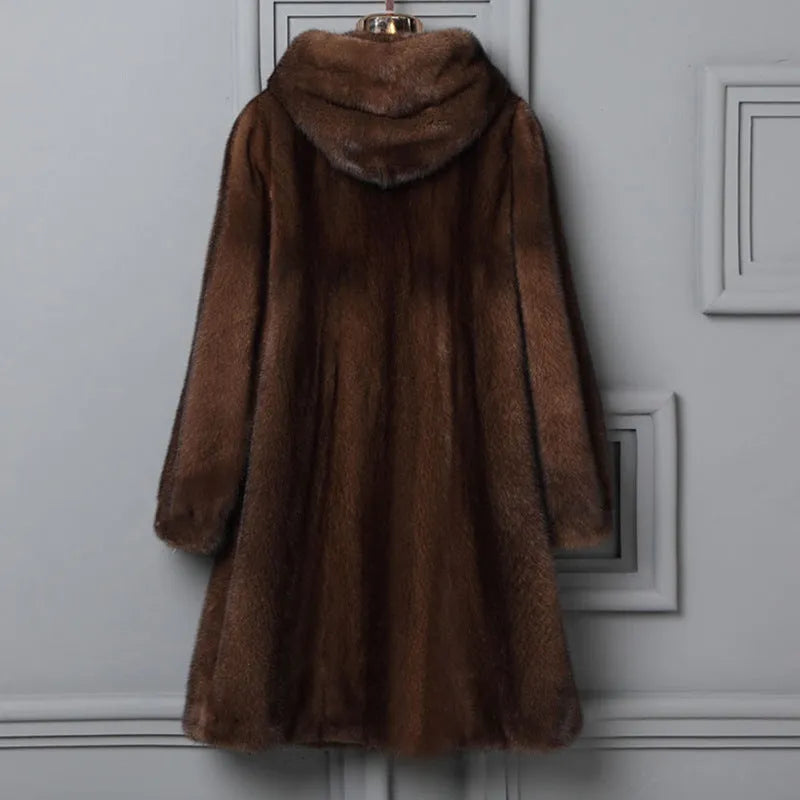 Women's black faux fur hooded casual coat for winter street fashion