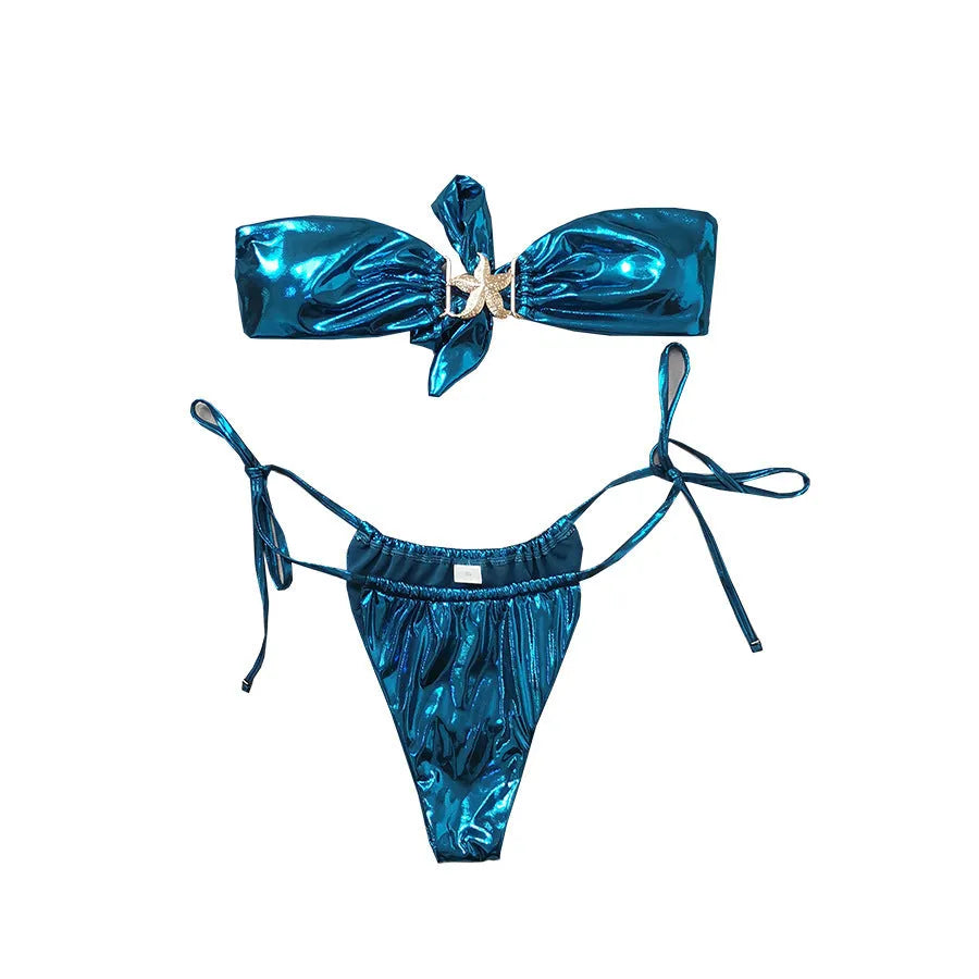 Glossy sapphire blue tube top split bikini with gold starfish decoration on a female model.
