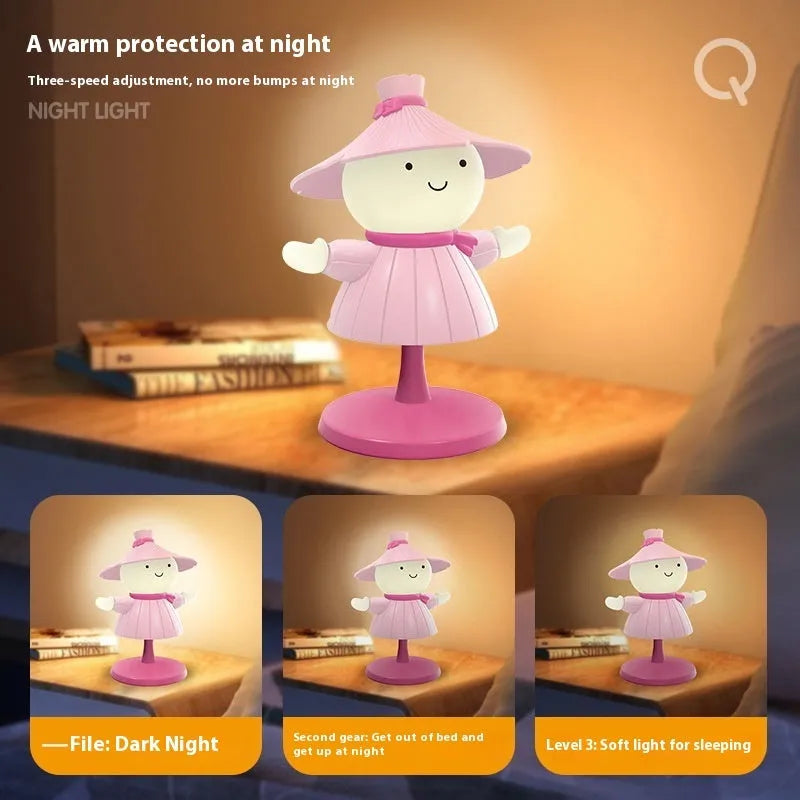 Dimmable rechargeable cartoon scarecrow small night lamp in three colours