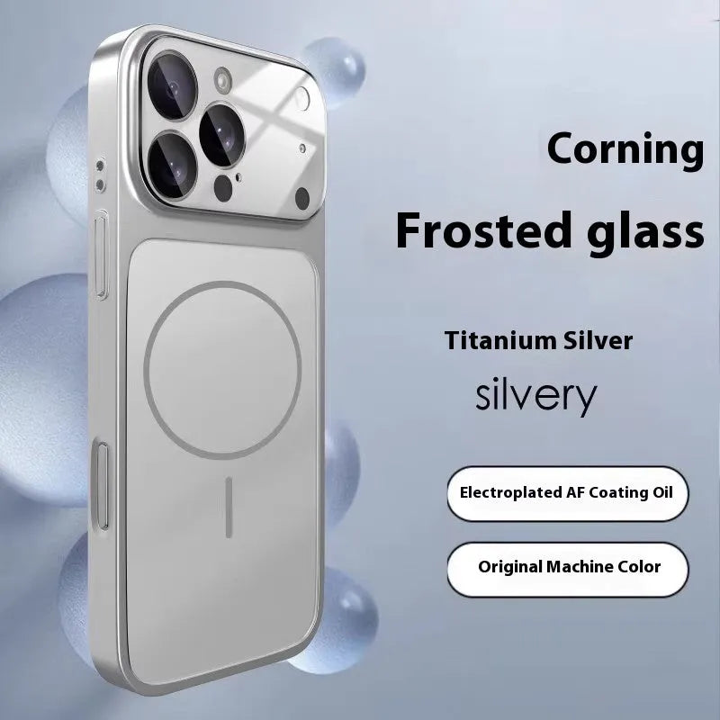 Frosted finish magnetic phone case for iPhone in orange colour showing tempered glass construction.