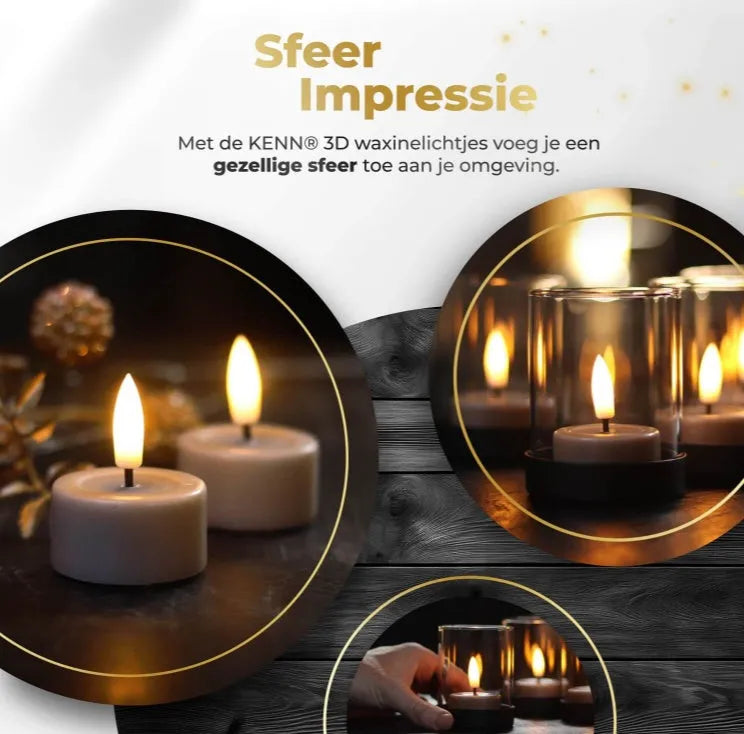 Set of four taupe-coloured LED tealight candles with realistic 3D flame effect showing flickering light
