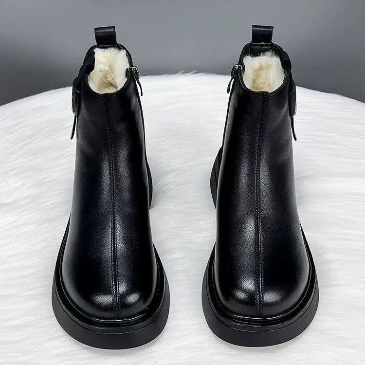 Women's black winter soft leather snow boots with side zipper and round toe