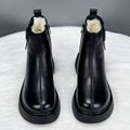 Women's black winter soft leather snow boots with side zipper and round toe