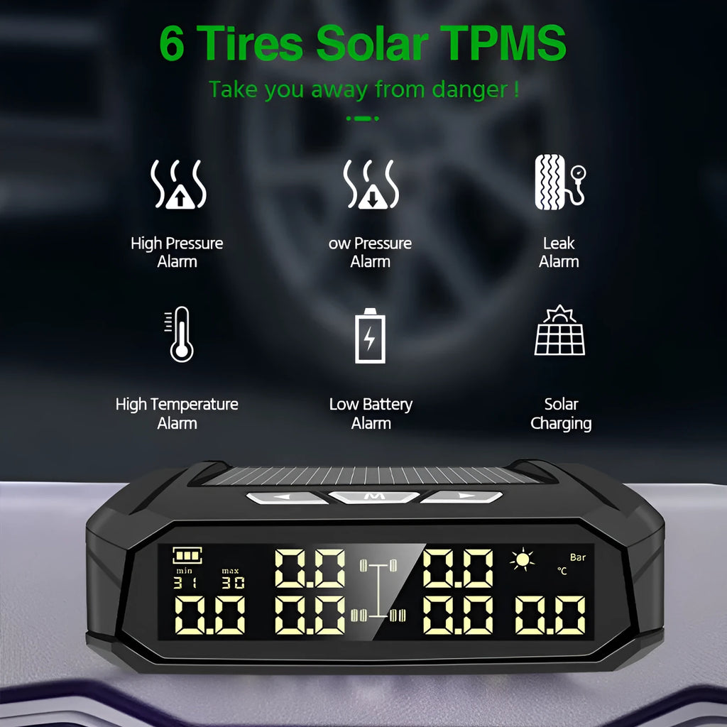 Solar tyre pressure monitor display unit with colour screen next to six external sensors for trucks.
