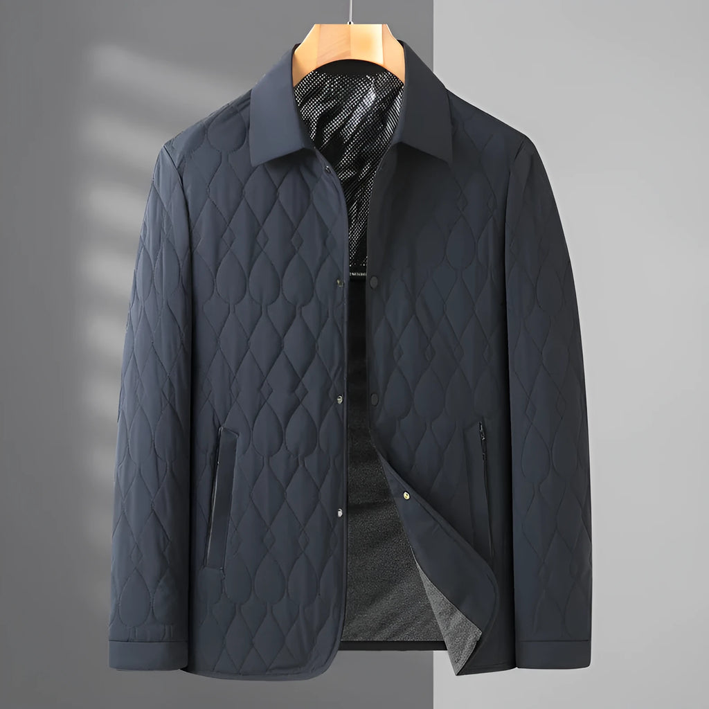 Men's lightweight diamond lattice cotton-padded jacket in black, front view, regular fit, polyester fabric, autumn winter business casual coat