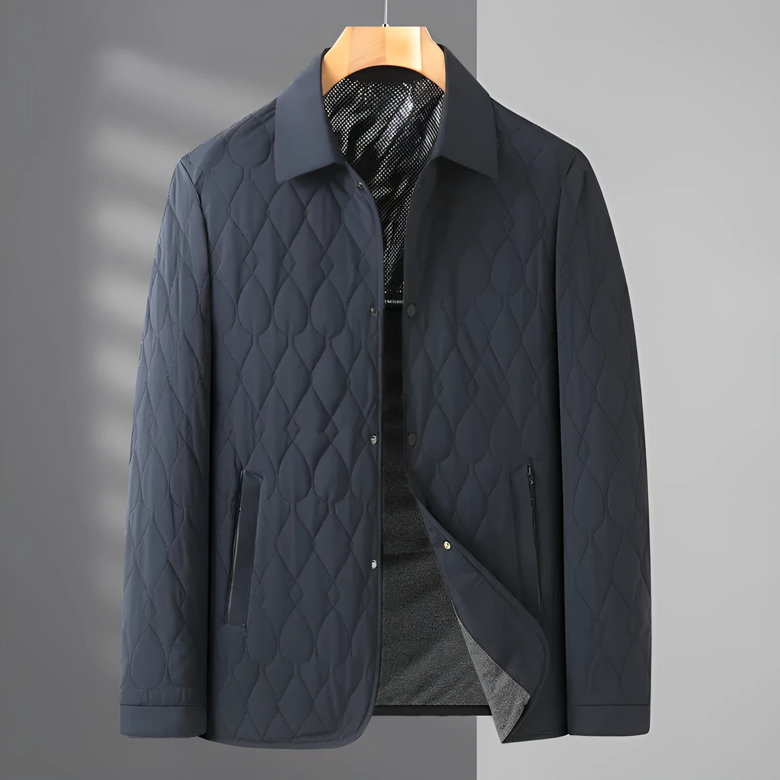 Men's lightweight diamond lattice cotton-padded jacket in black, front view, regular fit, polyester fabric, autumn winter business casual coat