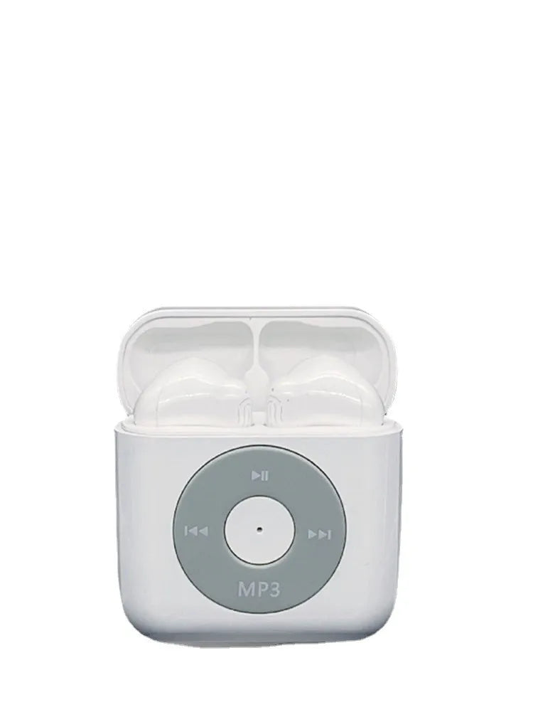White wireless Bluetooth earphones with semi-in-ear design and a matching white charging case with 32GB storage.