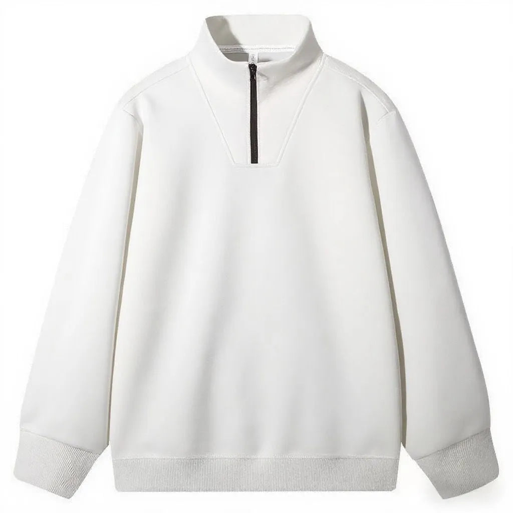 Solid colour polyester loose fit stand collar zip-up sweatshirt for men in black