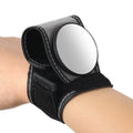 Black nylon bicycle rear-view mirror shown mounted on a cyclist's wrist.