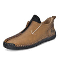Men's brown front-zipper Martin boots with a round toe and mid-calf height on a rubber sole.