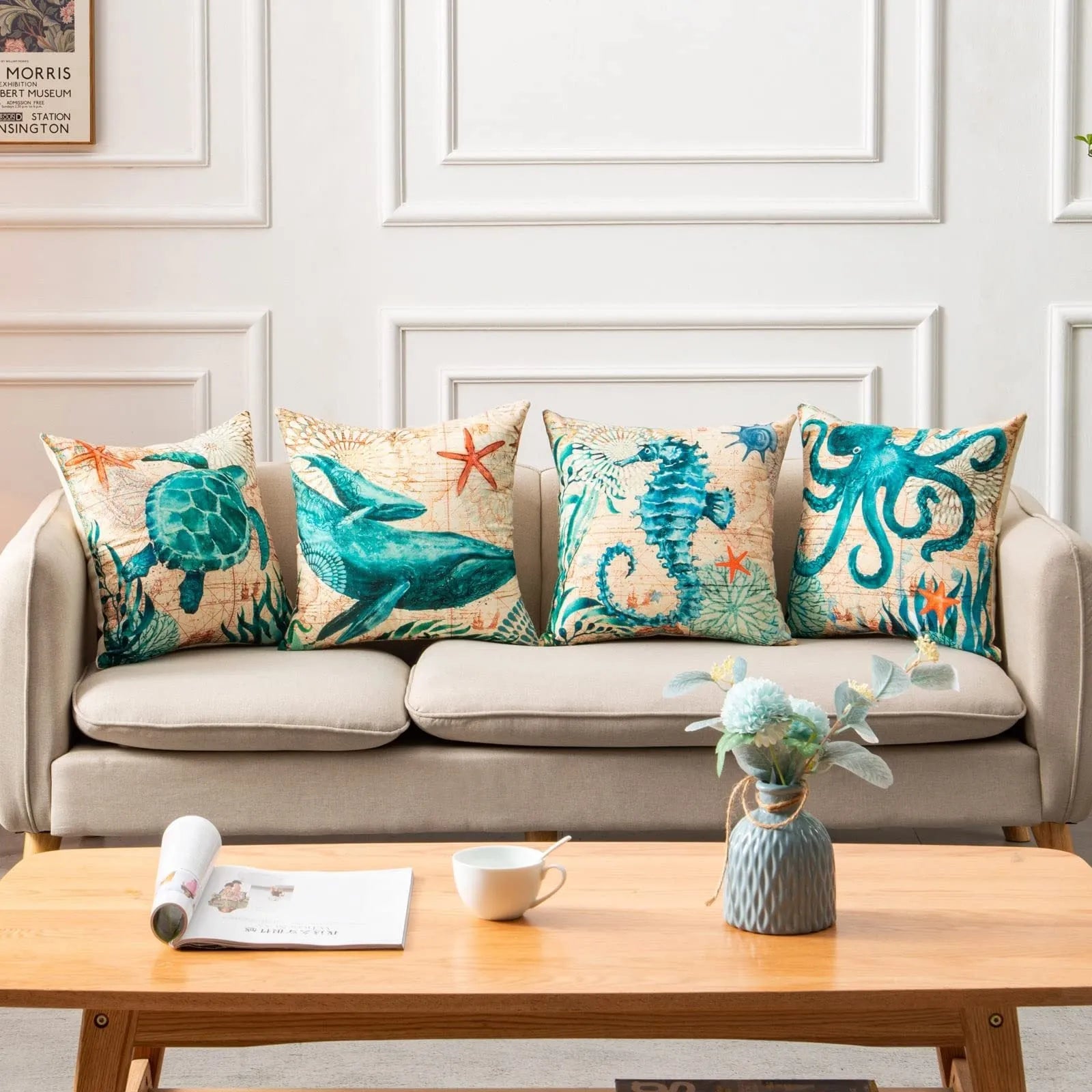 Linen cushion cover with sea turtle pattern measuring 45x45cm with invisible zipper