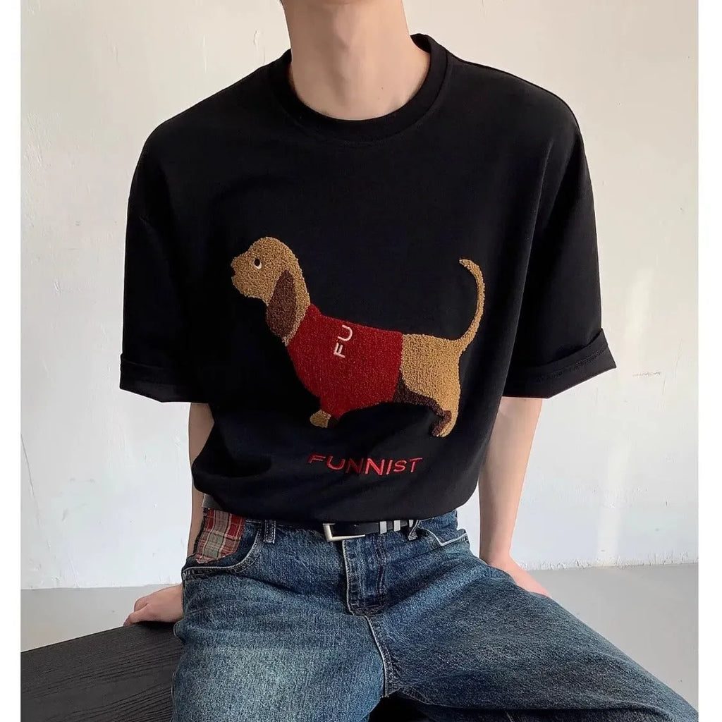 Men's grey cotton T-shirt with embroidered sausage dog towel design, short sleeves, round neck