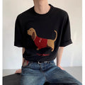 Men's grey cotton T-shirt with embroidered sausage dog towel design, short sleeves, round neck