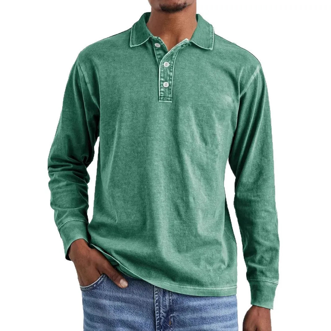 Men's retro washed distressed pure cotton lapel long sleeve polo shirt on a hanger