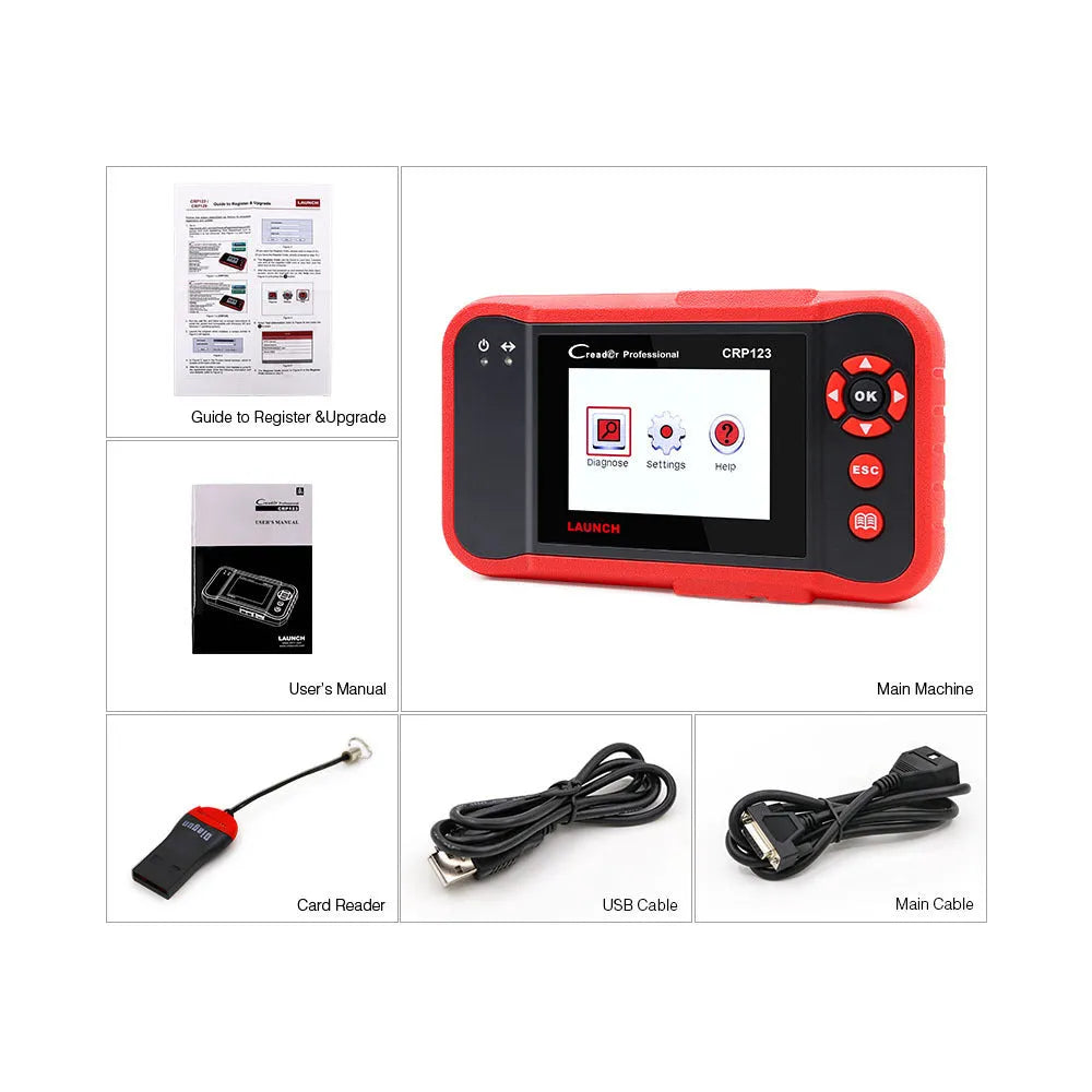CRP123 automotive fault detector diagnostic tool scanner with cables and accessories for vehicle system analysis