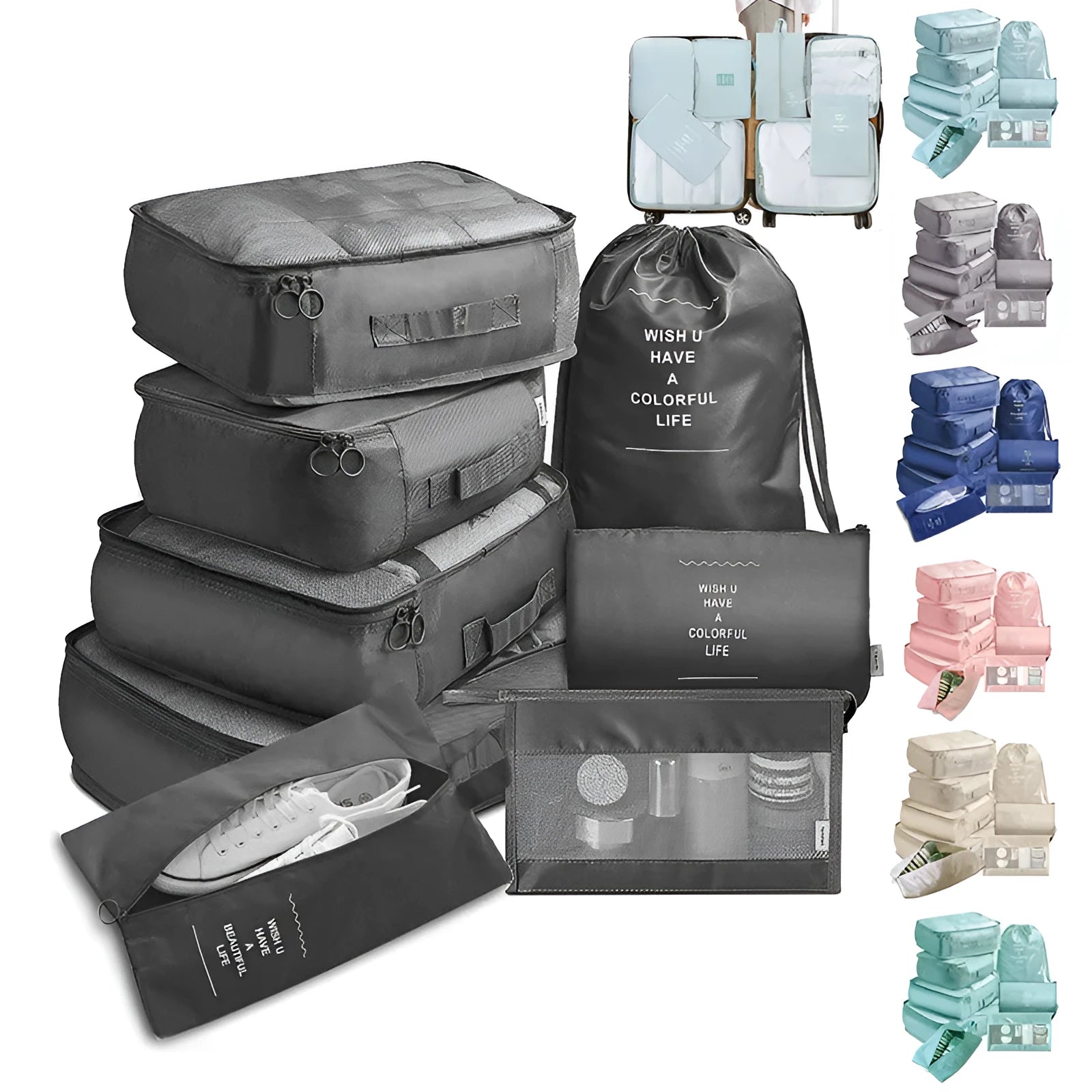 8-piece nylon packing cube set in beige, black, bright blue, gray, Korea Lan, pink, and navy colours for travel organisation