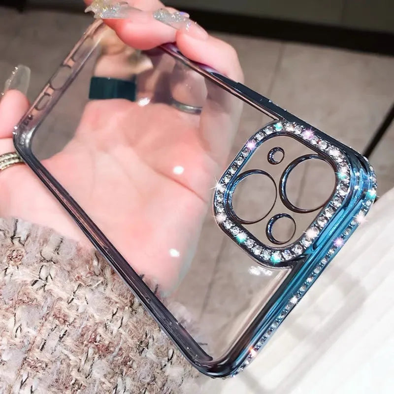 Rhinestone iPhone case in blue with all-inclusive glass back and TPU silicone frame
