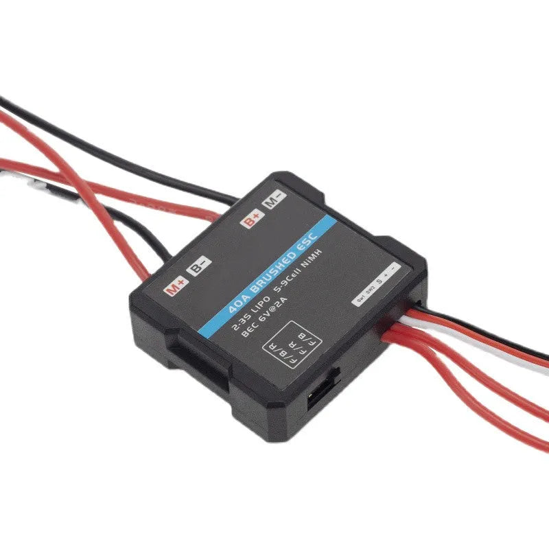 Small 40A brushed electronic speed controller for 1/16 scale RC cars with selectable climbing mode.