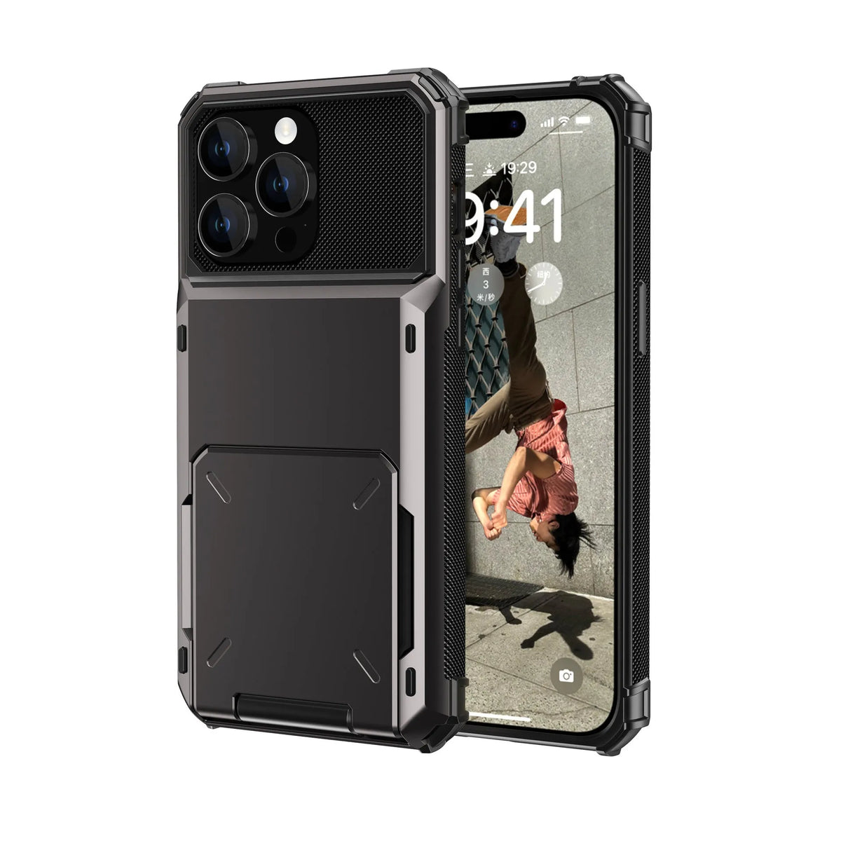Fashion flip card phone case with PC hard shell in gray, showing card slot and iPhone compatibility