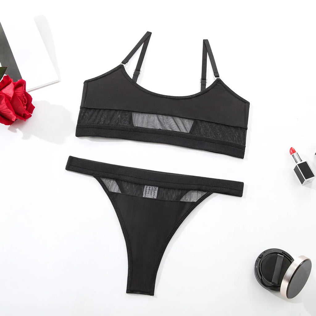 Black women's full cup bra and matching panties set with adjustable straps