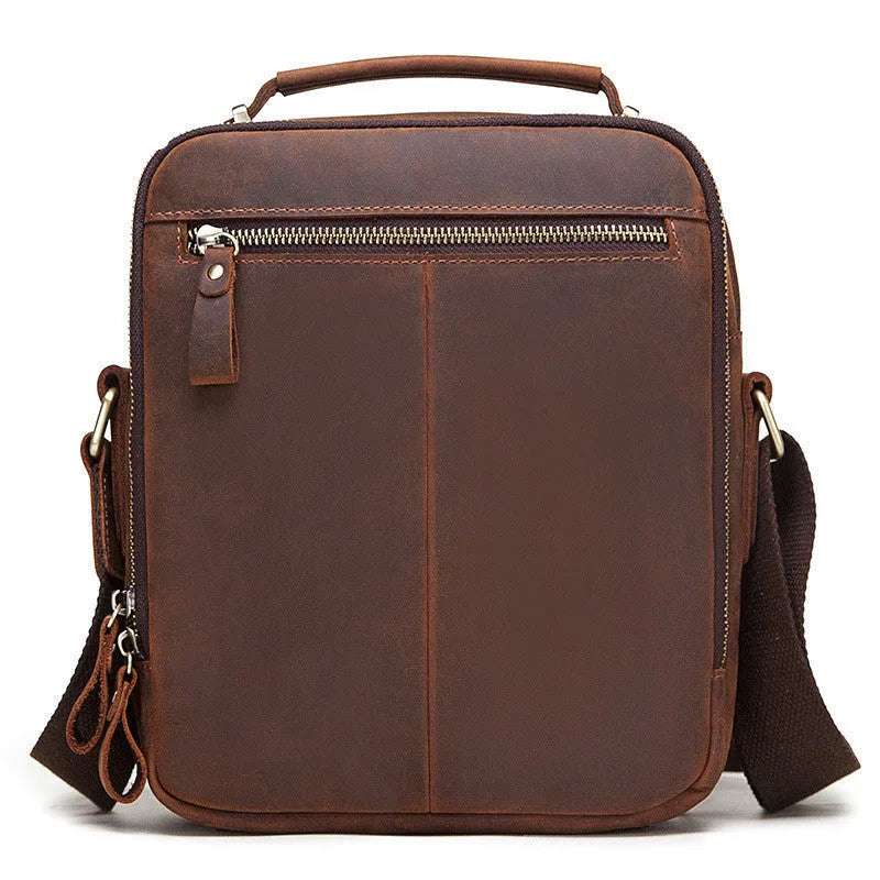 Men's brown genuine cowhide leather crossbody bag with retro styling and sewing line detailing