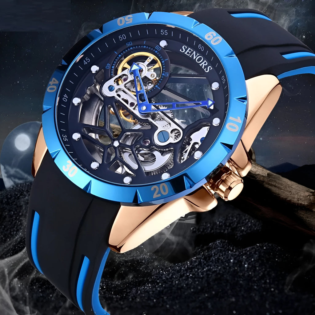 Men's automatic skeleton watch showing mechanical movement through dial, 16mm thickness case, rose gold tone with blue accents