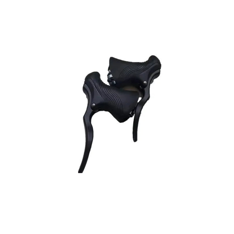 A pair of aluminium road bicycle brake handles in black and black silver finishes.