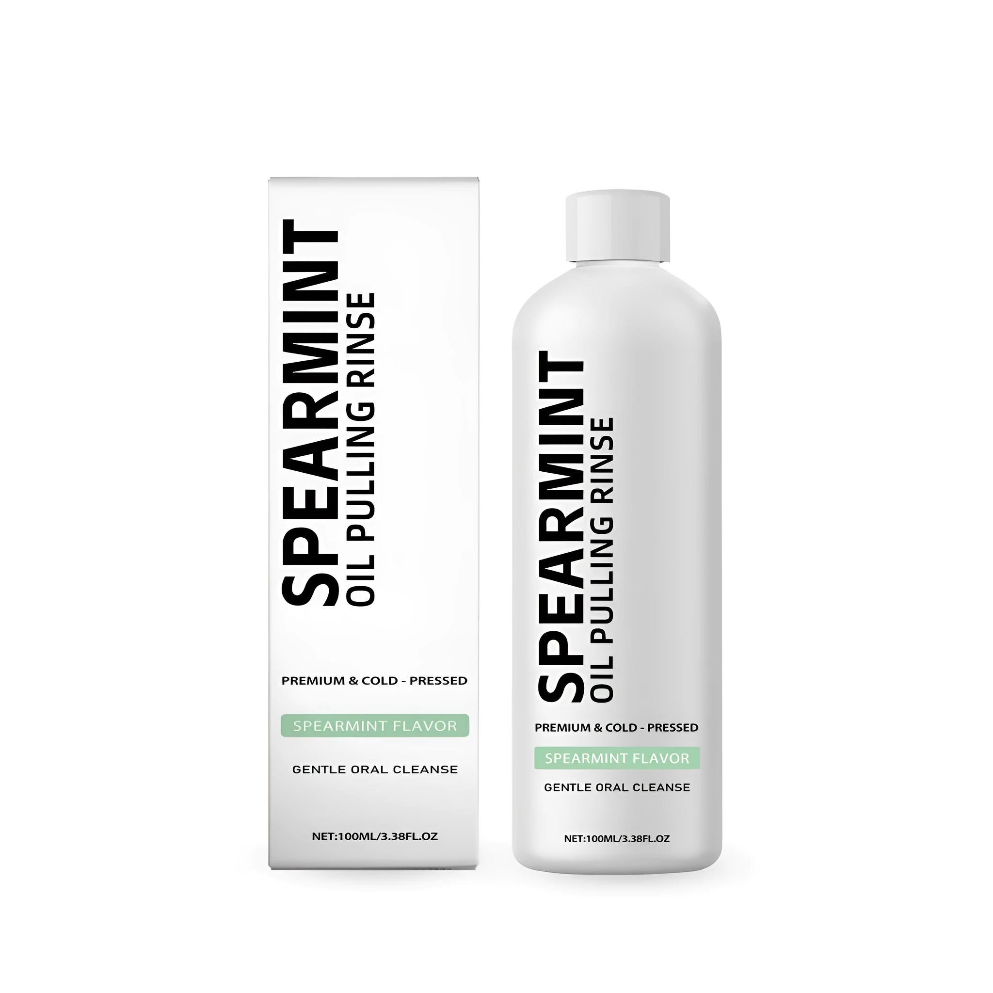 100ml bottle of spearmint oil pulling mouthwash rinse with clove and peppermint oils