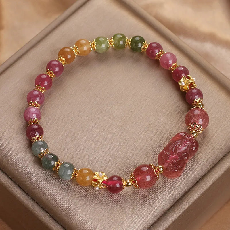 Women's pink and red strawberry quartz tourmaline Pi Xiu bracelet with electroplated finish