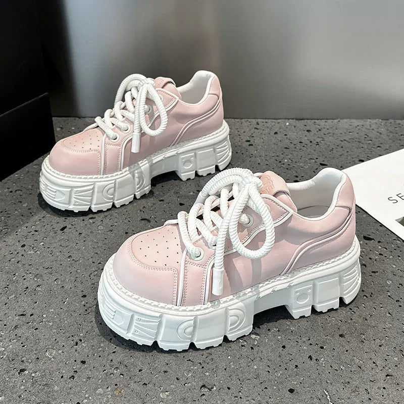 Women's beige and pink muffin bottom casual leather shoes with height-increasing design