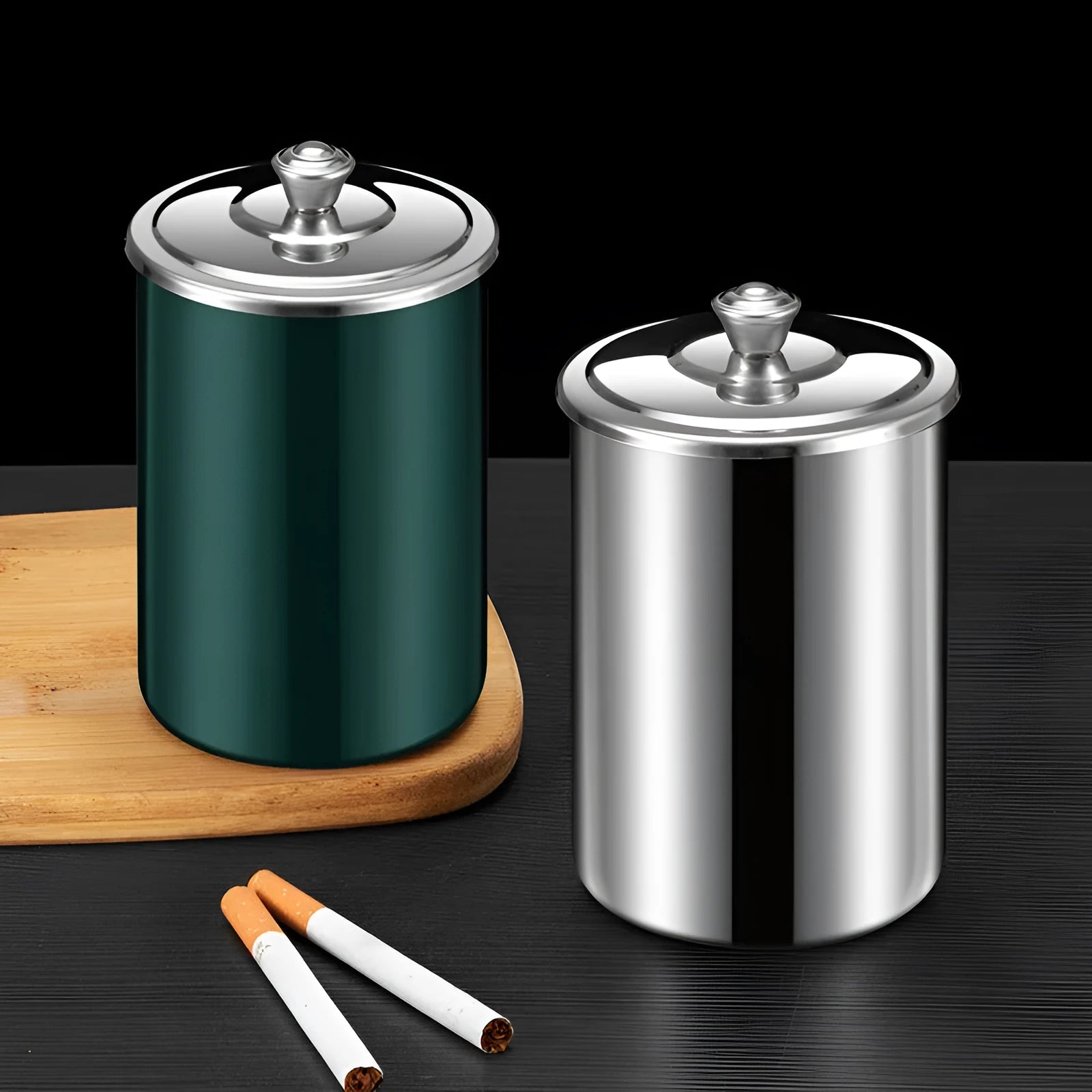 Stainless steel fly ash ashtray with cover, funnel and smoke button in multiple colours