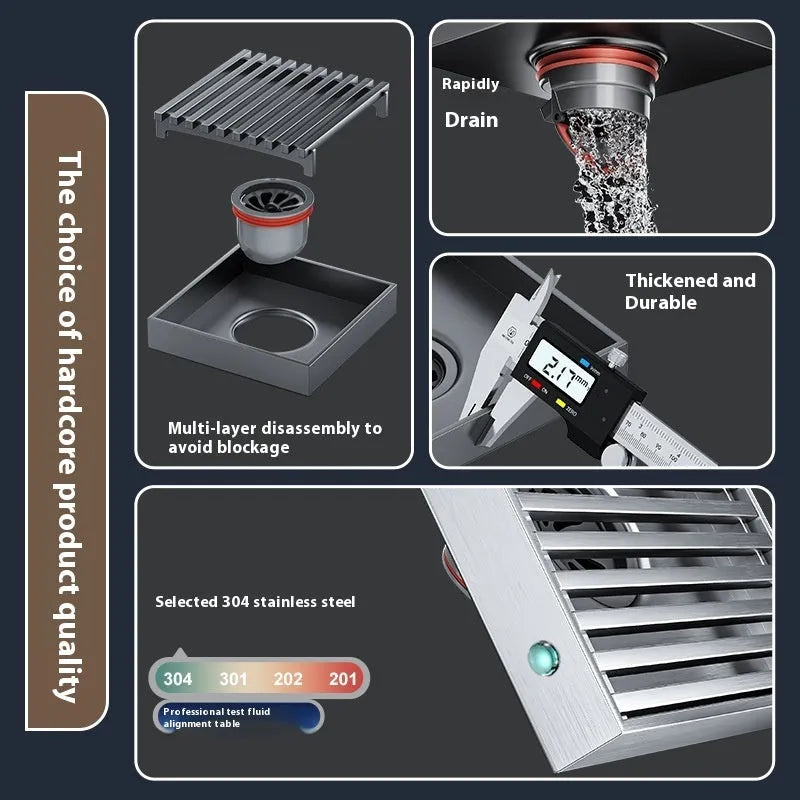 304 stainless steel courtyard floor drain with a square gun grey 15x15cm ABS plastic cover.
