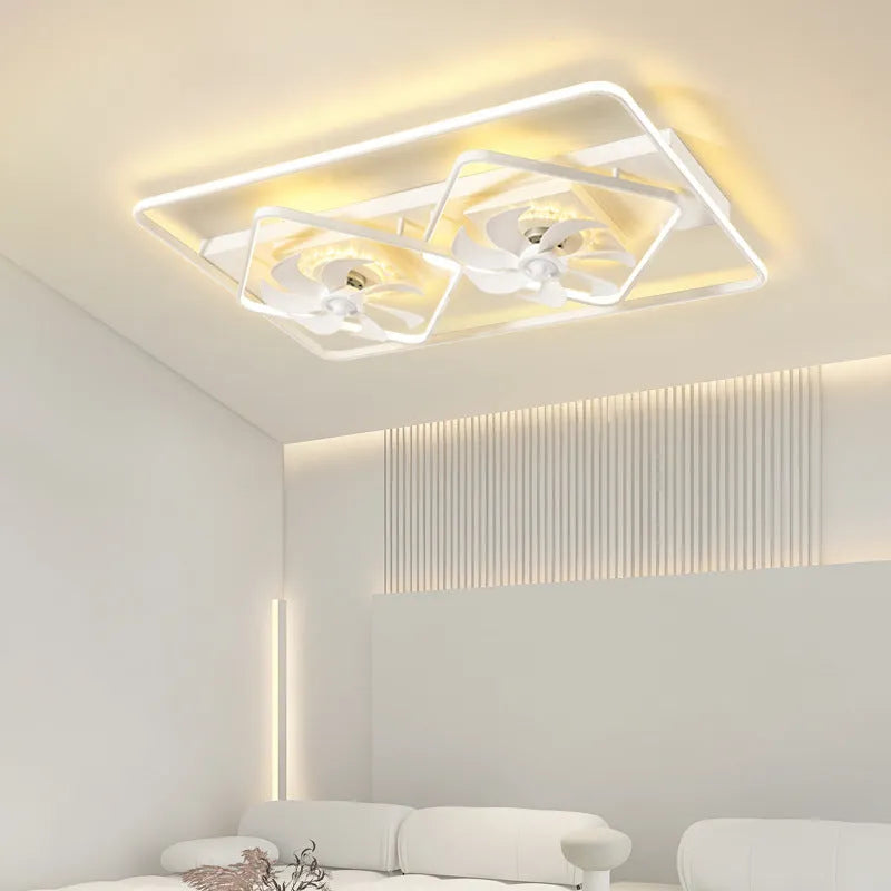 Modern ceiling fan with integrated light fixture showing plastic blades and acrylic lampshade