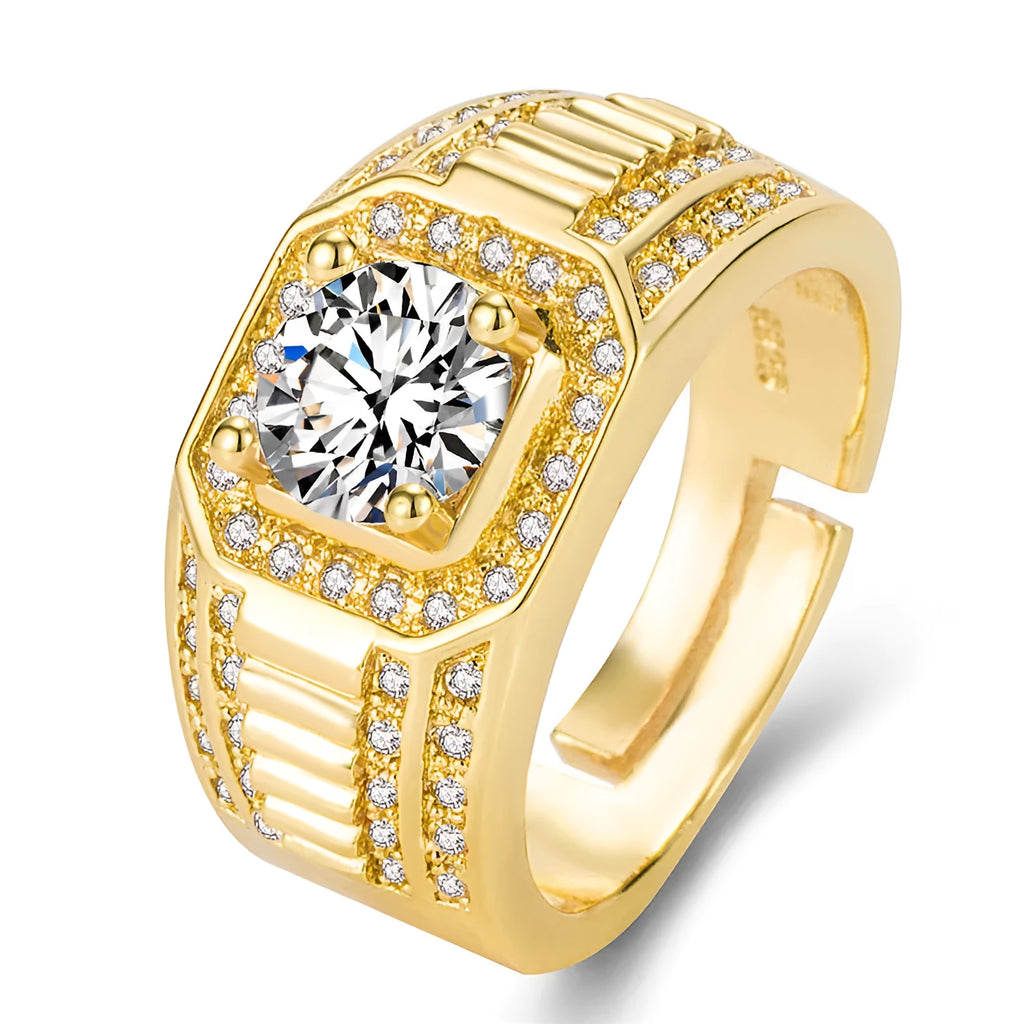 Men's adjustable square diamond ring in copper with gold or platinum finish and cubic zirconia centrepiece