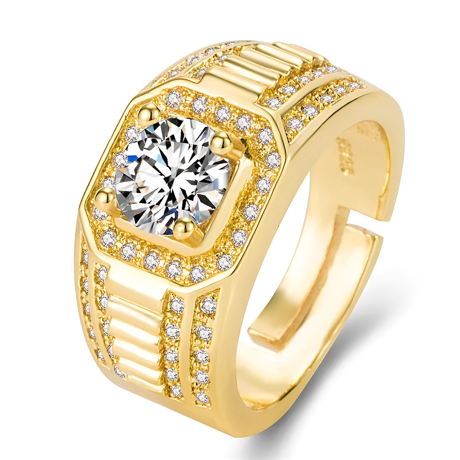 Men's adjustable square diamond ring in copper with gold or platinum finish and cubic zirconia centrepiece