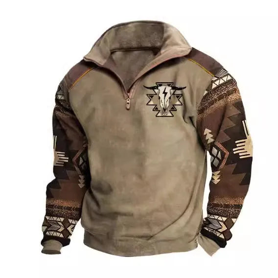 Men's digital print stand collar zip-up hoodie in loose fit, front view, no hood, long sleeves