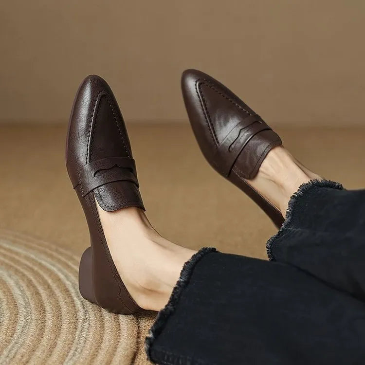 Women's retro pointed toe flat bottom slip-on loafers in black and brown with square toe and rubber sole