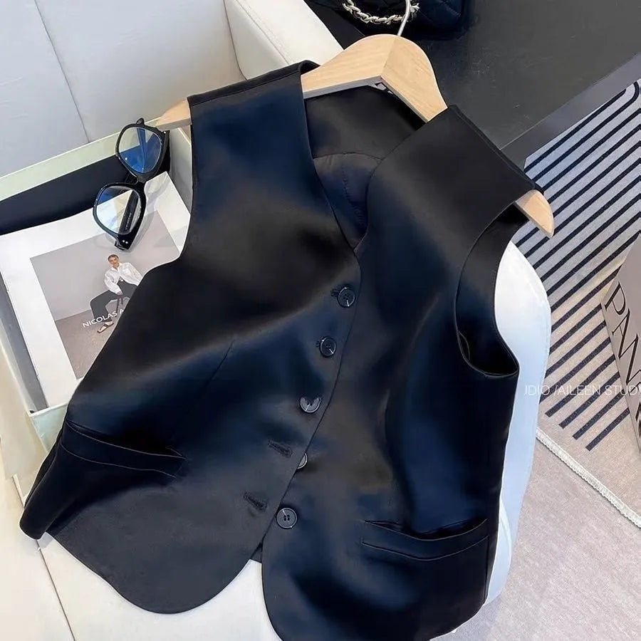 Black satin ladies sleeveless vest with splicing detailing and loose fit