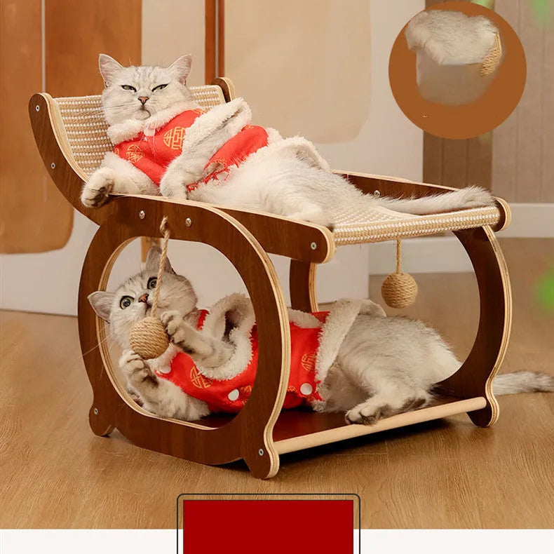 Solid wood sisal scratching mat for cats in walnut colour on a wooden floor