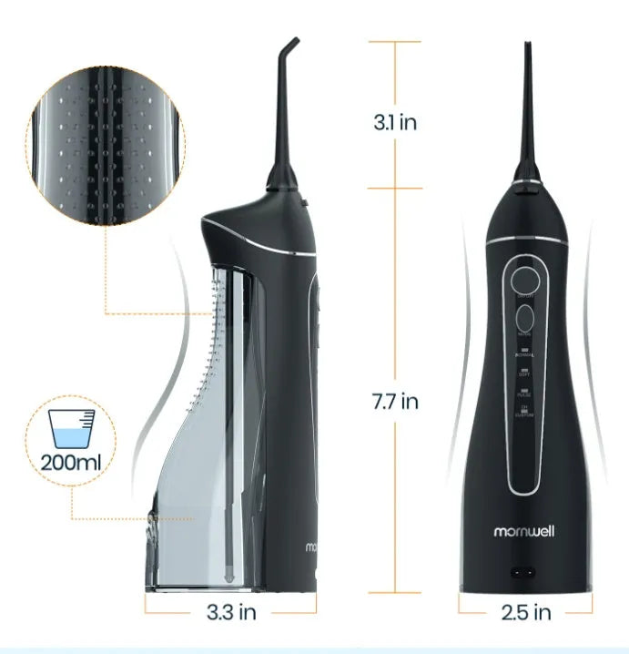 Black portable oral irrigator water flosser with water tank and nozzle for dental cleaning