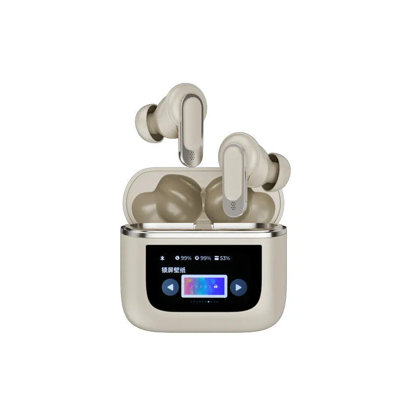Black wireless in-ear headphones with a touch screen panel on the earpiece.