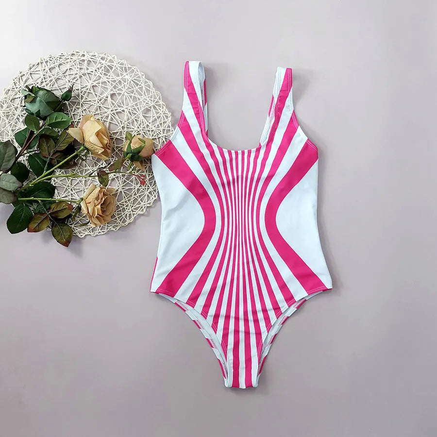 Pink striped women's one-piece swimsuit with all-over digital print on front and back.