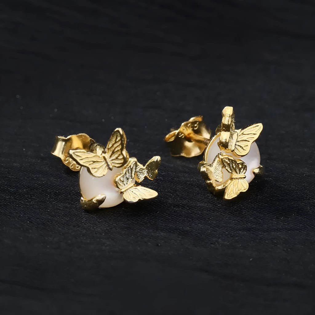 Butterfly design ear studs in 925 silver with gold or white gold electroplated finish
