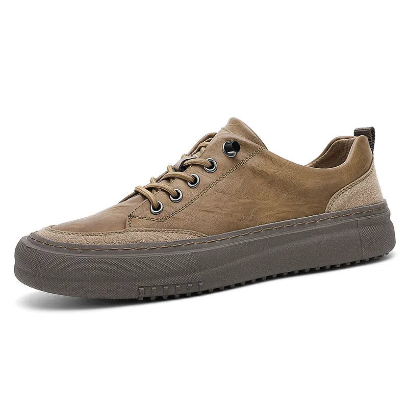 Men's black round toe leather lace-up casual shoes with rubber sole