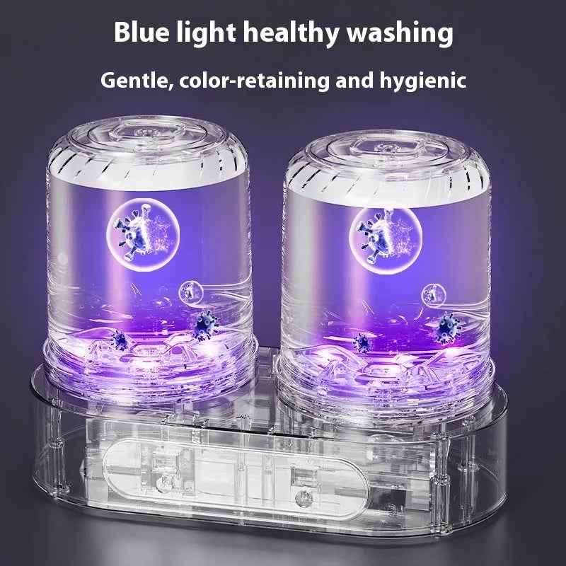 White double bucket USB mini washing machine with two compartments and a mechanical timer on a white background.