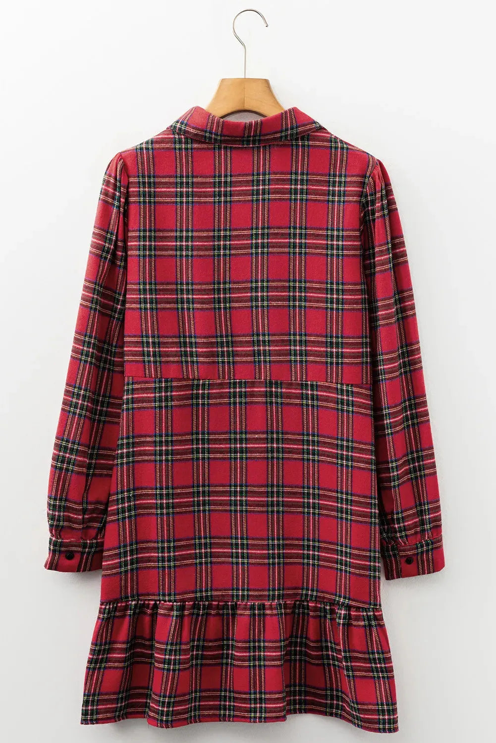 Red plaid mini dress with a shirt collar, long sleeves, half-button front, and a ruffle hem.