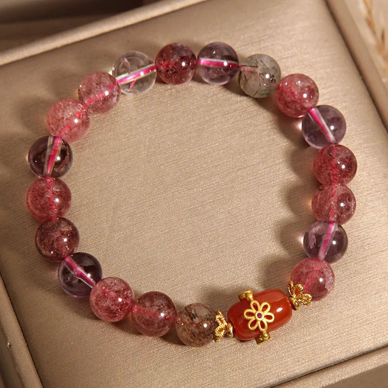 Natural Super Seven crystal bracelet with white beads and red agate accents in cartoon style