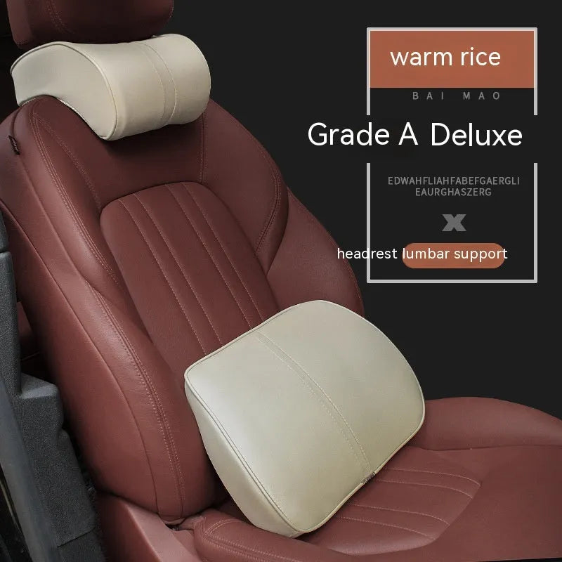 Solid colour leather memory foam car cushion shown as a headrest and lumbar support pillow