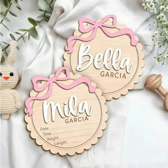 Square wooden baby room ornament with customised name engraving for nursery decor.