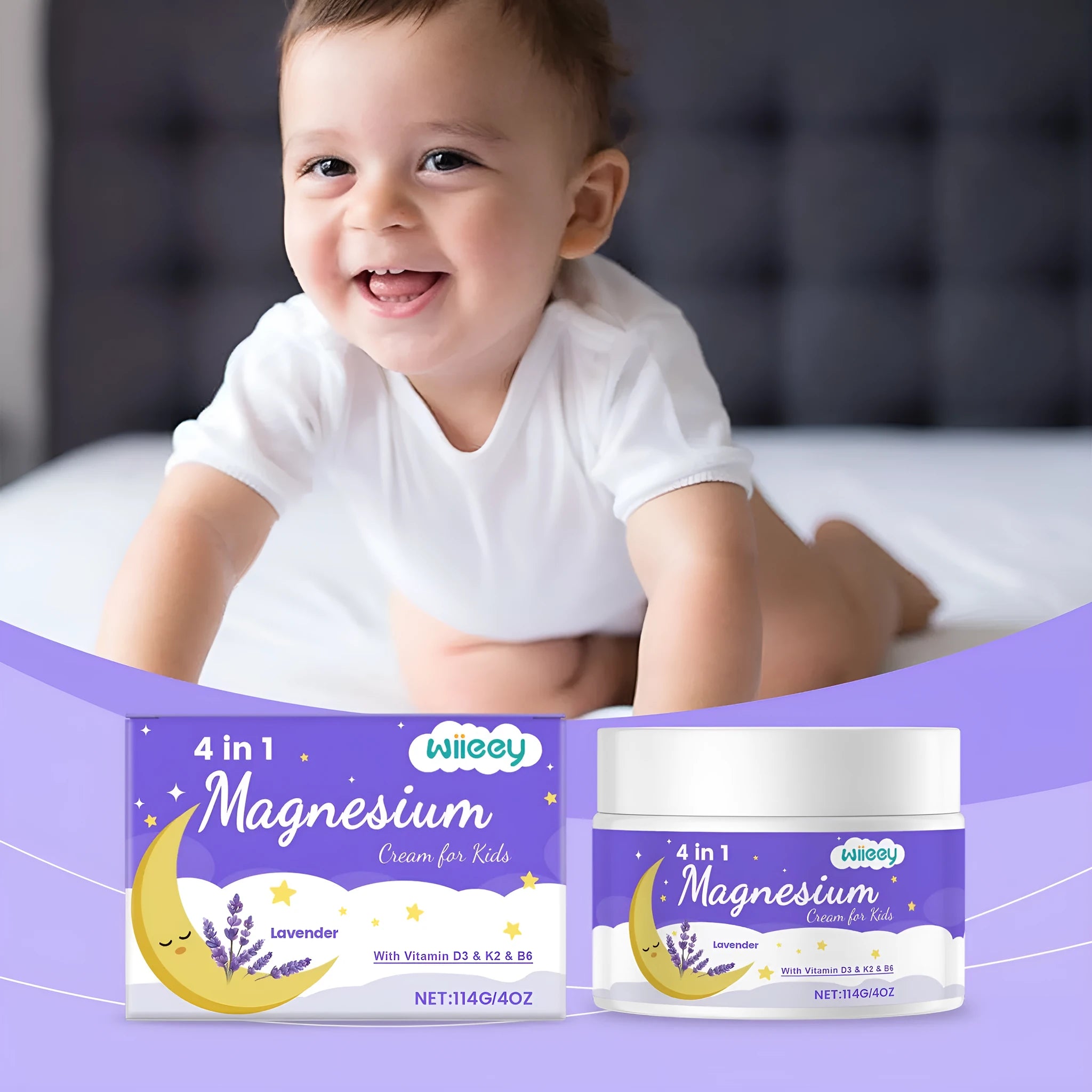 114g jar of 4-in-1 magnesium cream for children with vitamins D3, K2 and B6